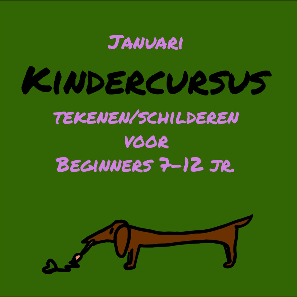 Creatieve kindercursussen tekenen en schilderen voor kinderen van 7-12 jaar bij Studio avantDAAN in Dokkum. Het hondje Pablo kondigt de nieuwe kindercursus aan.