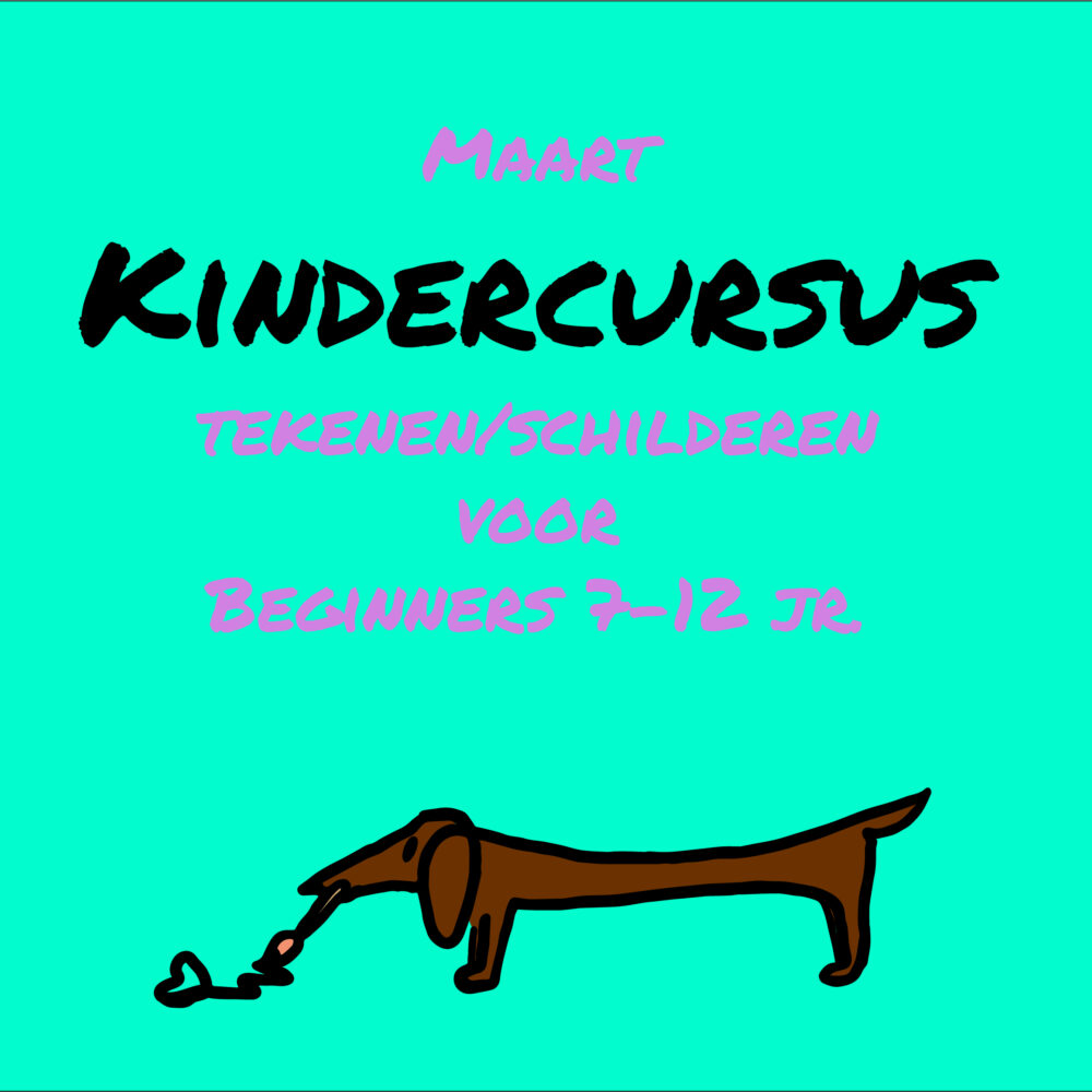 Creatieve kindercursussen tekenen en schilderen voor kinderen van 7-12 jaar bij Studio avantDAAN in Dokkum. Het hondje Pablo kondigt de nieuwe kindercursus aan.