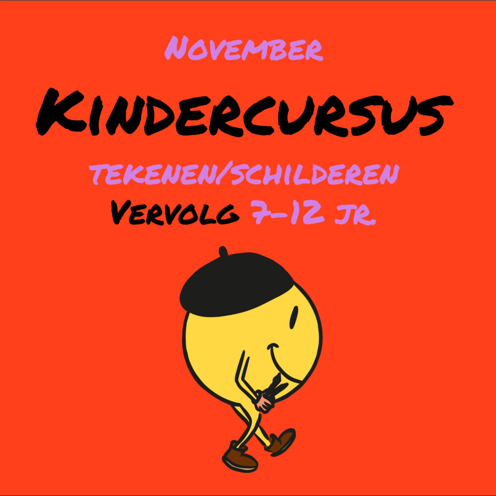 Creatieve vervolgcursus tekenen en schilderen voor kinderen. Picasso is het smiley poppetje die kwasten draagt. Hij kondigt de vervolgcursus aan voor kinderen in de leeftijd van 7-12 jaar, start november.