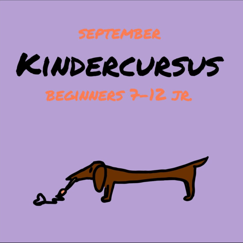 Teckel met schilderkwast in de bek die een hartje schildert met als titel september kindercursus 7-12 jaar beginners