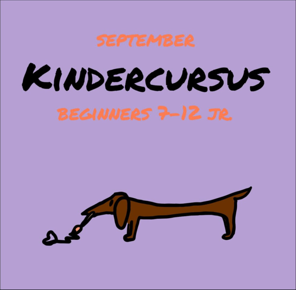 Teckel met schilderkwast in de bek die een hartje schildert met als titel september kindercursus 7-12 jaar beginners